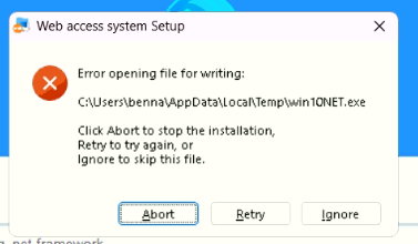安装时提示无法打开或写入win10NET.exe文件